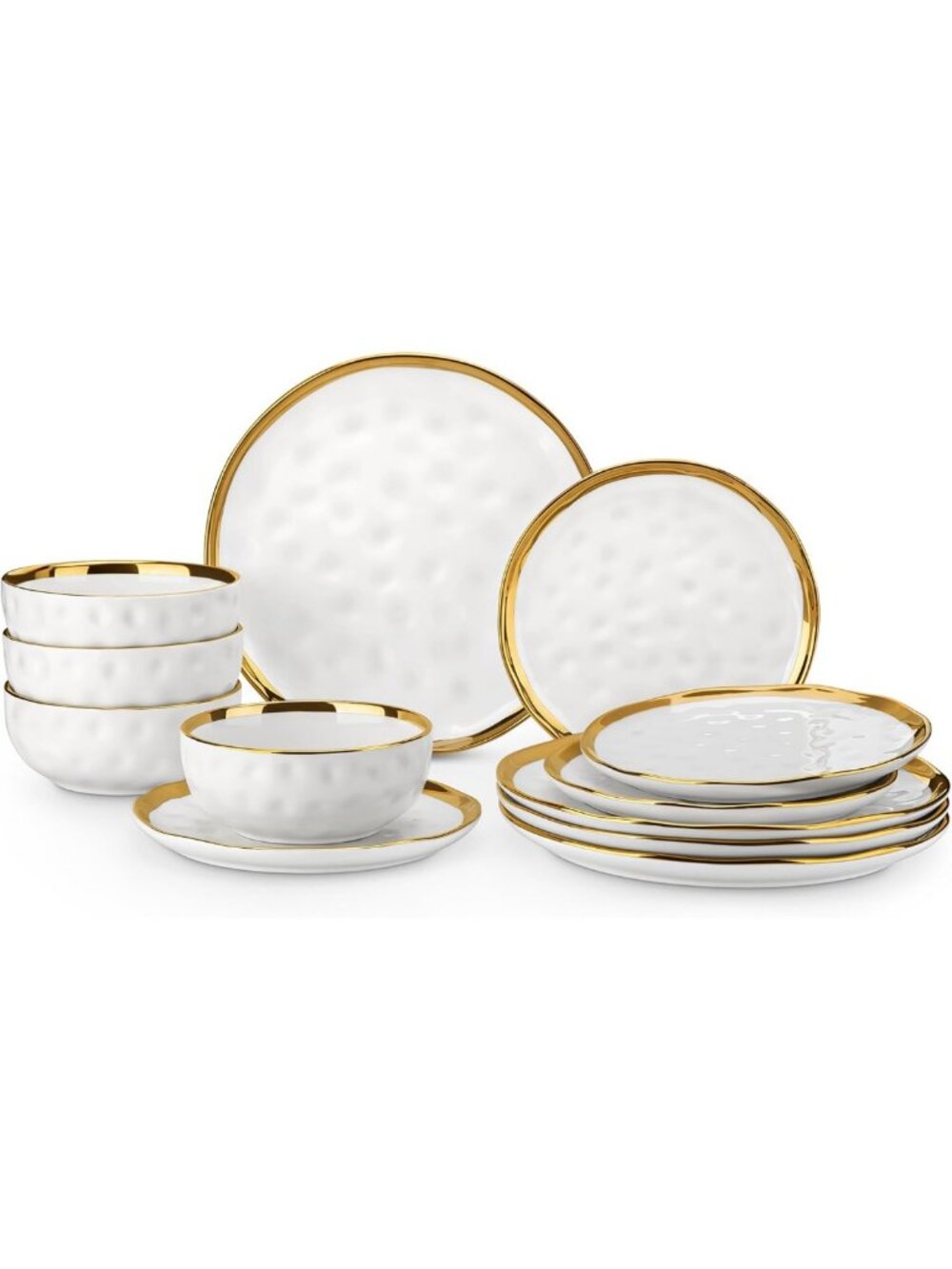 Elegant 12-Piece White and Gold Dinnerware Set, Porcelain Plates & Bowls